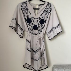 Gray embroidered floral midi tassel dress